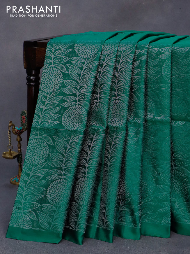 Pure soft silk saree dark green and pinkish orange with allover silver zari woven brocade weaves in borderless style