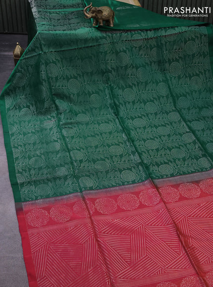 Pure soft silk saree dark green and pinkish orange with allover silver zari woven brocade weaves in borderless style