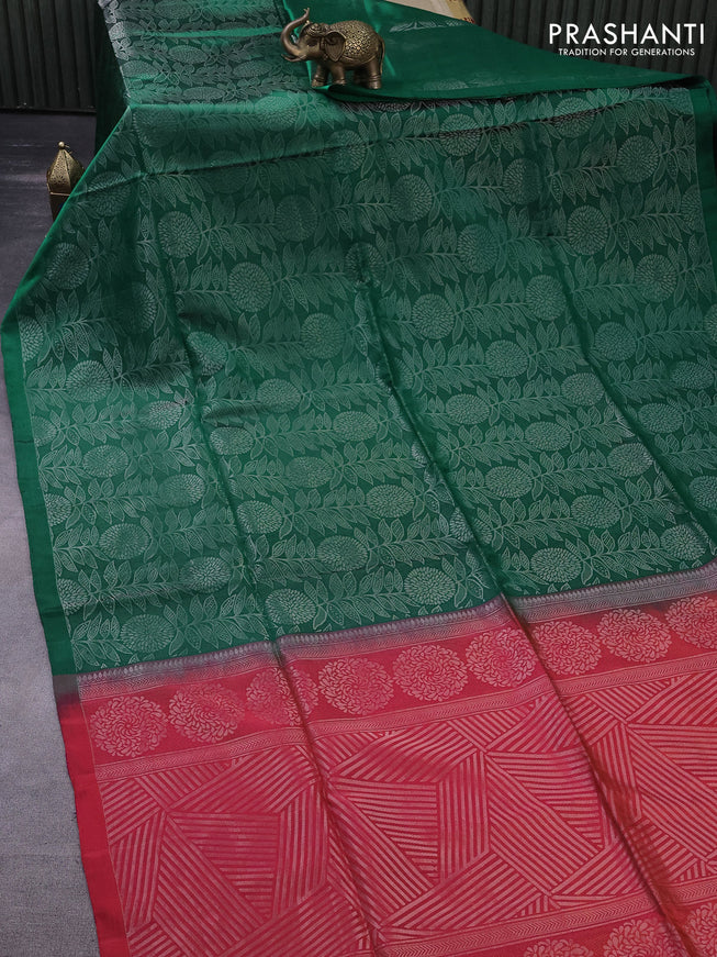 Pure soft silk saree dark green and pinkish orange with allover silver zari woven brocade weaves in borderless style