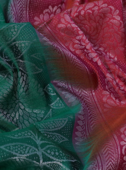 Pure soft silk saree dark green and pinkish orange with allover silver zari woven brocade weaves in borderless style