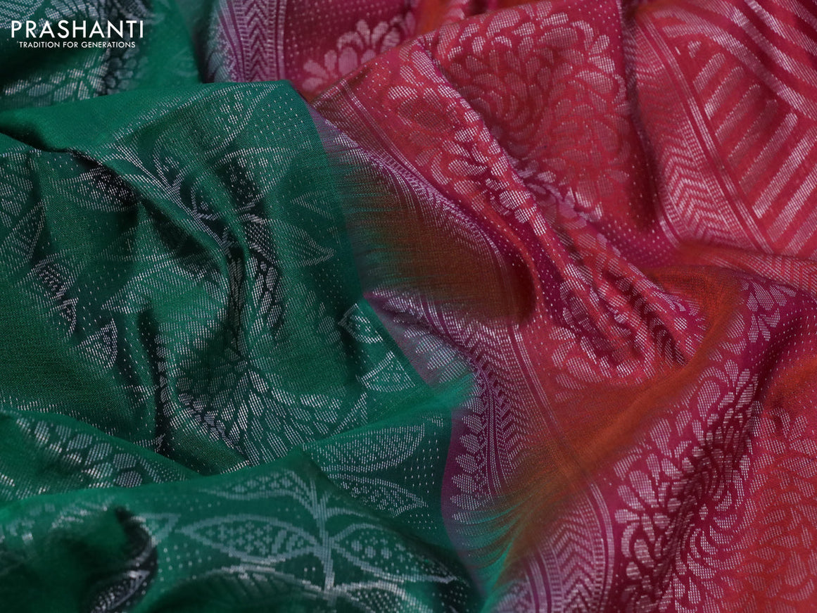 Pure soft silk saree dark green and pinkish orange with allover silver zari woven brocade weaves in borderless style