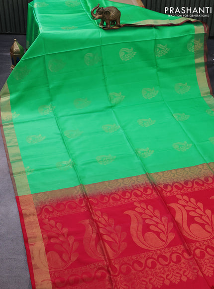 Pure soft silk saree green and reddish pink with zari woven buttas and zari woven border