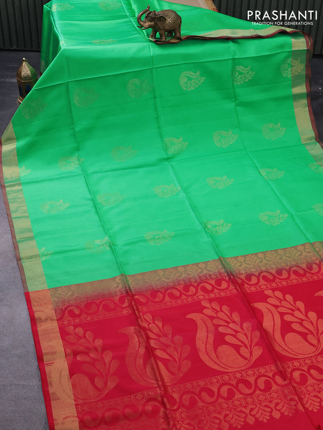 Pure soft silk saree green and reddish pink with zari woven buttas and zari woven border