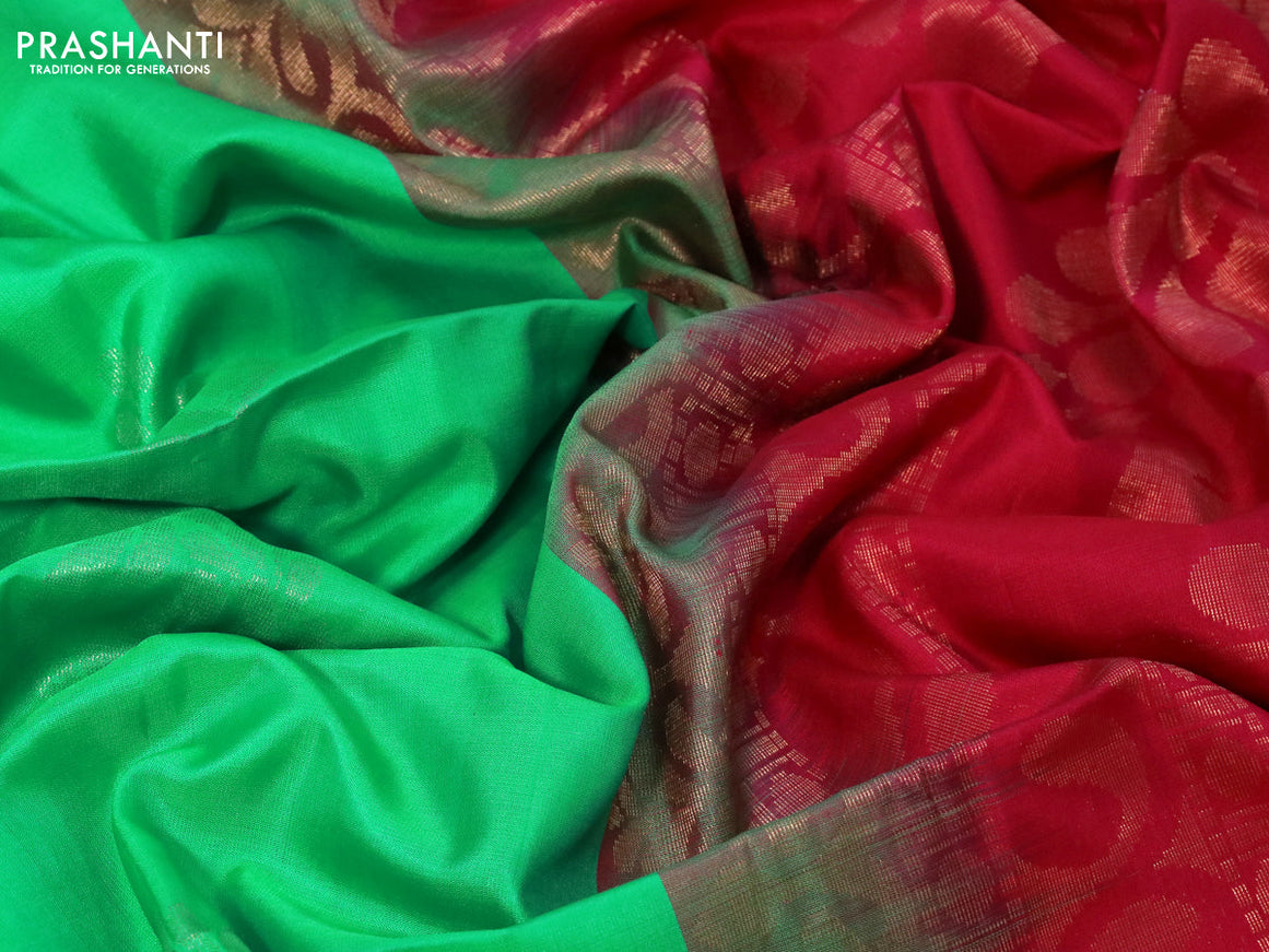 Pure soft silk saree green and reddish pink with zari woven buttas and zari woven border