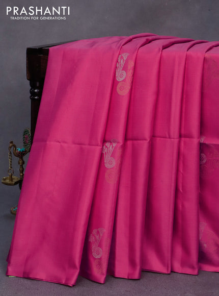 Pure soft silk saree pink and yellow with silver & gold zari woven buttas in borderless style