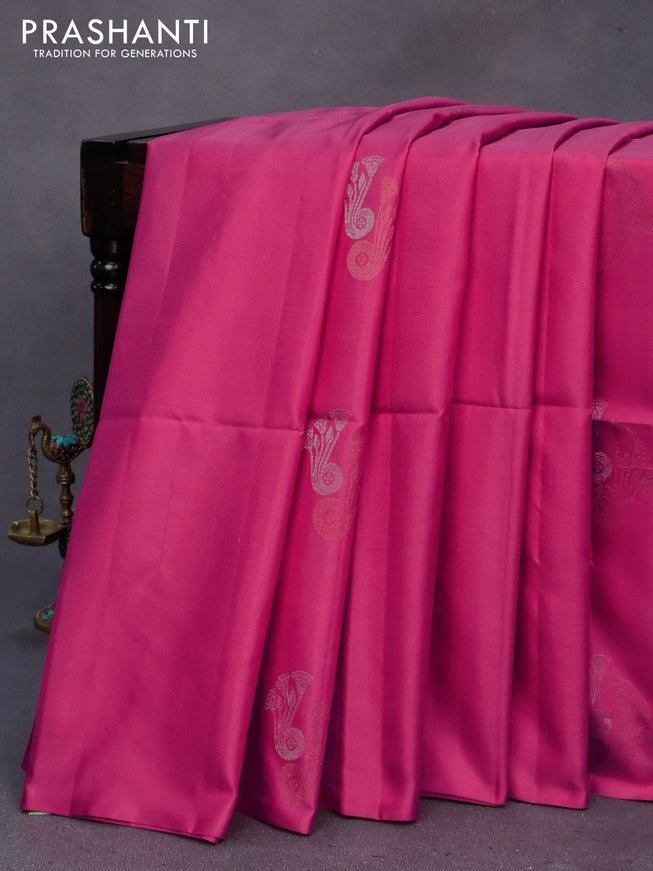 Pure soft silk saree pink and yellow with silver & gold zari woven buttas in borderless style