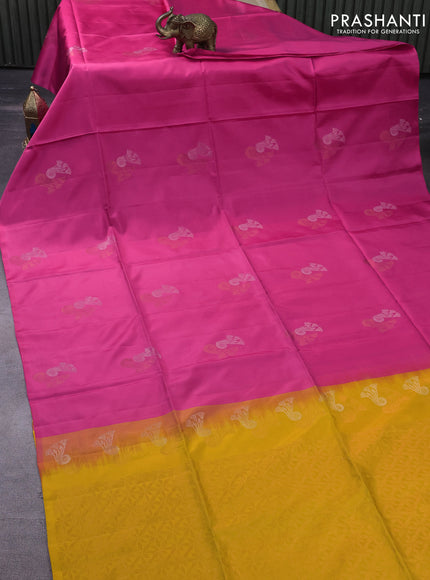 Pure soft silk saree pink and yellow with silver & gold zari woven buttas in borderless style