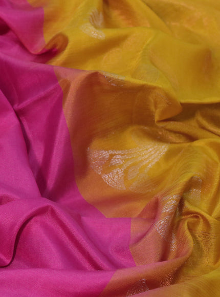 Pure soft silk saree pink and yellow with silver & gold zari woven buttas in borderless style