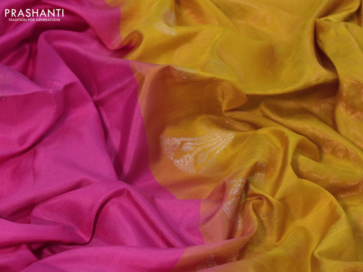 Pure soft silk saree pink and yellow with silver & gold zari woven buttas in borderless style