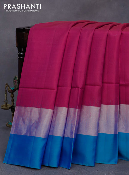 Pure soft silk saree dark pink and dual shade of blue with silver zari woven geometric buttas and long silver zari woven simple border