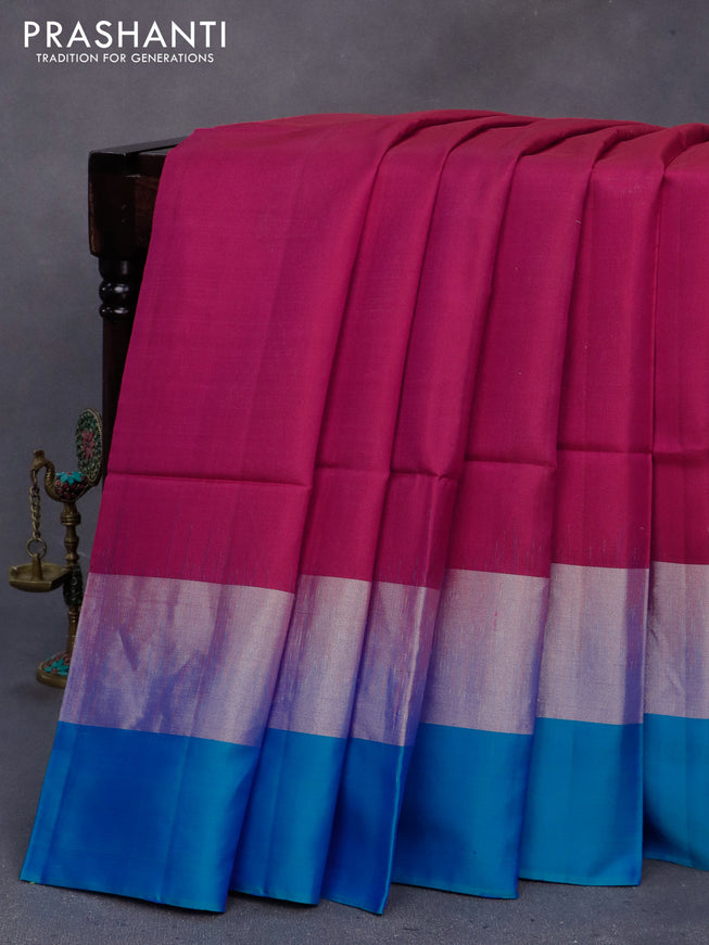 Pure soft silk saree dark pink and dual shade of blue with silver zari woven geometric buttas and long silver zari woven simple border