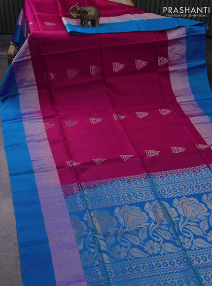 Pure soft silk saree dark pink and dual shade of blue with silver zari woven geometric buttas and long silver zari woven simple border