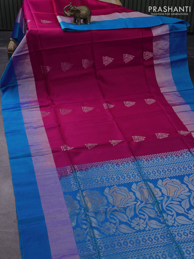 Pure soft silk saree dark pink and dual shade of blue with silver zari woven geometric buttas and long silver zari woven simple border