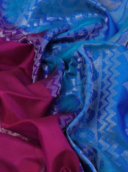 Pure soft silk saree dark pink and dual shade of blue with silver zari woven geometric buttas and long silver zari woven simple border