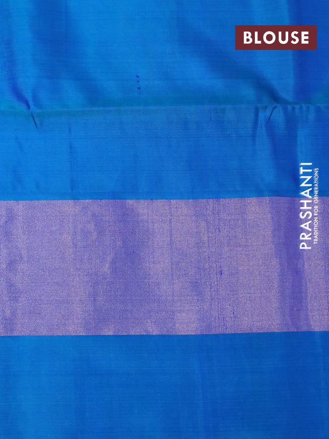 Pure soft silk saree dark pink and dual shade of blue with silver zari woven geometric buttas and long silver zari woven simple border