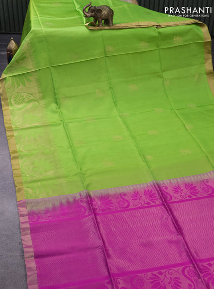 Pure soft silk saree light green and pink with zari woven floral buttas and long zari woven border