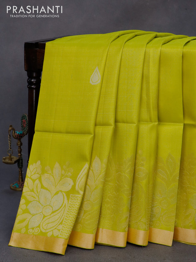 Pure soft silk saree lime green with silver & gold zari woven buttas and zari woven border