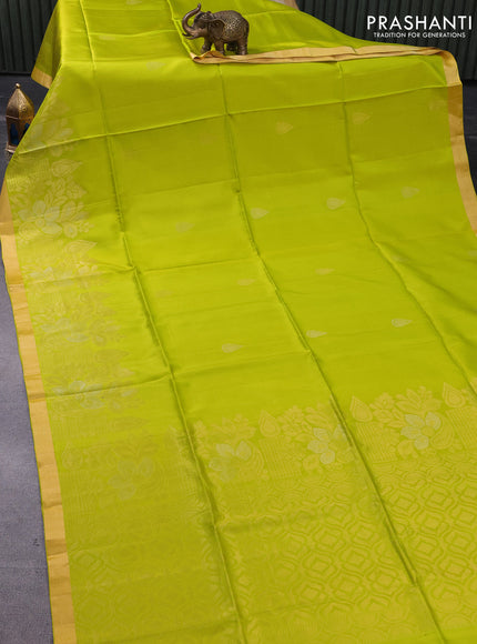 Pure soft silk saree lime green with silver & gold zari woven buttas and zari woven border