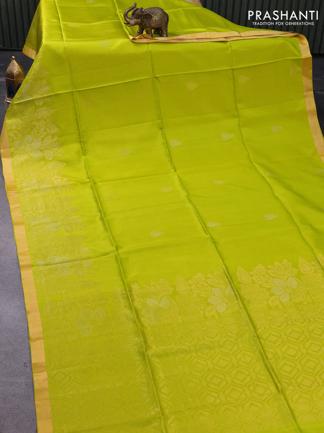 Pure soft silk saree lime green with silver & gold zari woven buttas and zari woven border