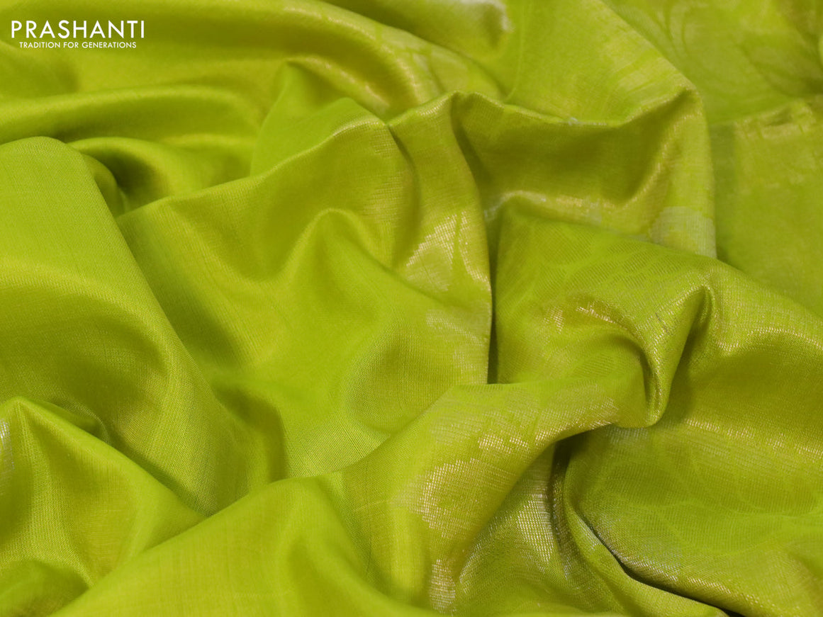 Pure soft silk saree lime green with silver & gold zari woven buttas and zari woven border