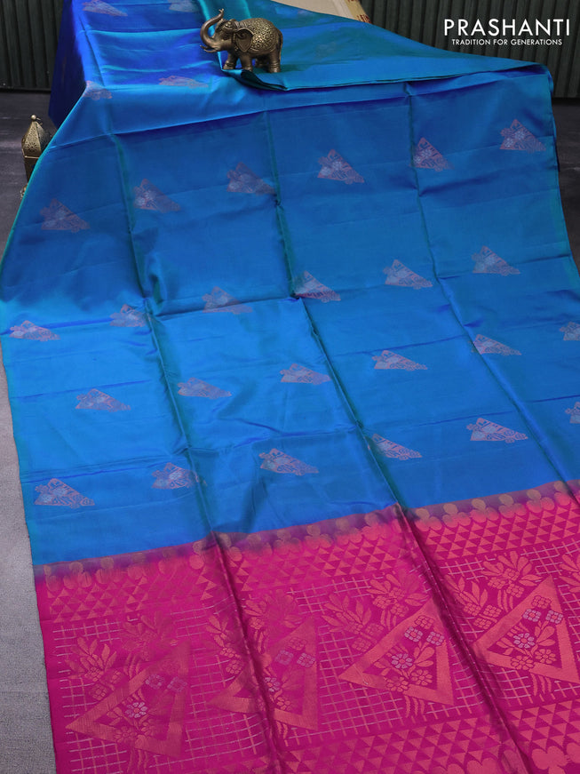 Pure soft silk saree dual shade of bluish green and pink with copper zari woven buttas in borderless style