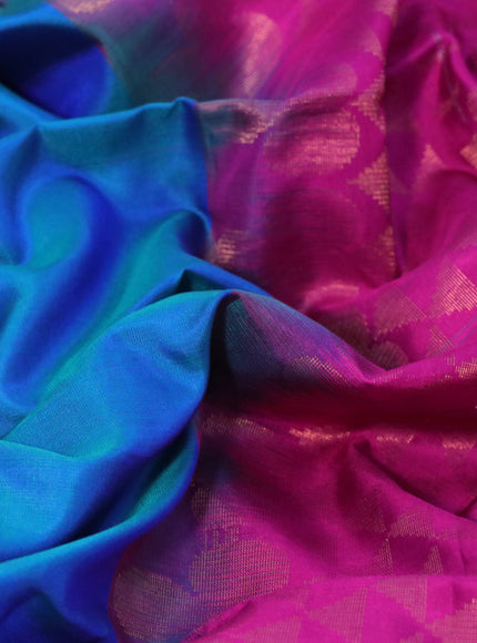 Pure soft silk saree dual shade of bluish green and pink with copper zari woven buttas in borderless style