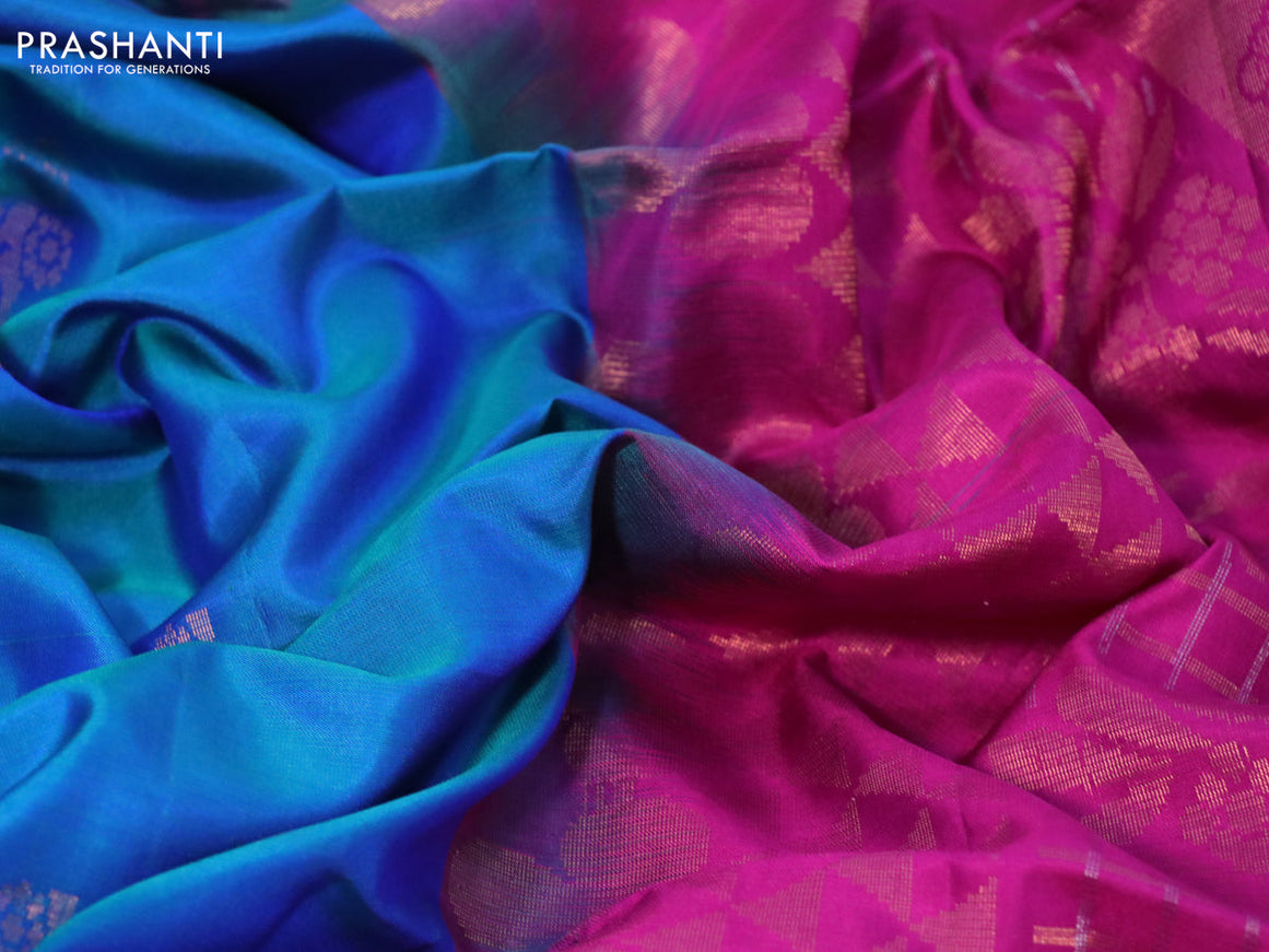 Pure soft silk saree dual shade of bluish green and pink with copper zari woven buttas in borderless style