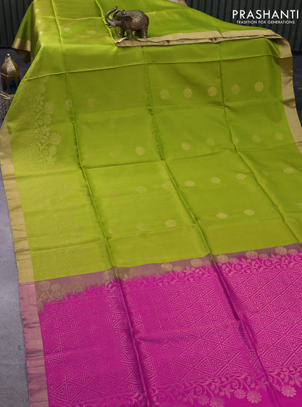 Pure soft silk saree light green and magenta pink with zari woven buttas and zari woven border