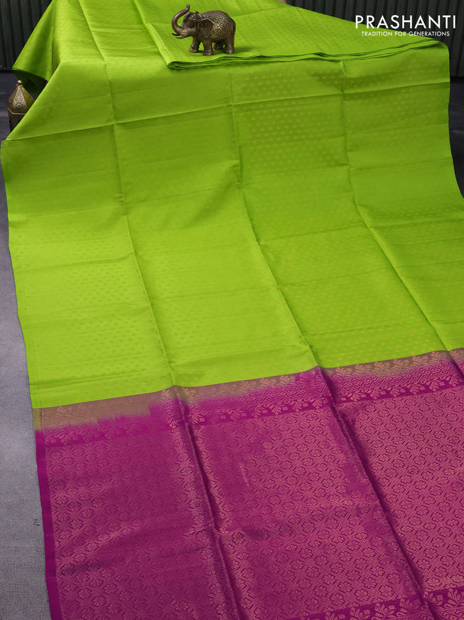 Pure soft silk saree light green and magenta pink with allover copper zari woven butta weaves in borderless style