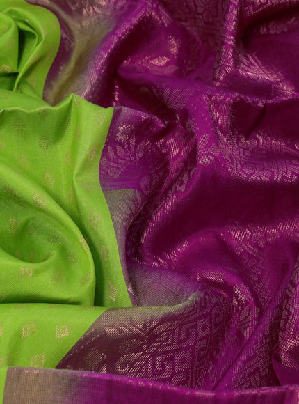 Pure soft silk saree light green and magenta pink with allover copper zari woven butta weaves in borderless style