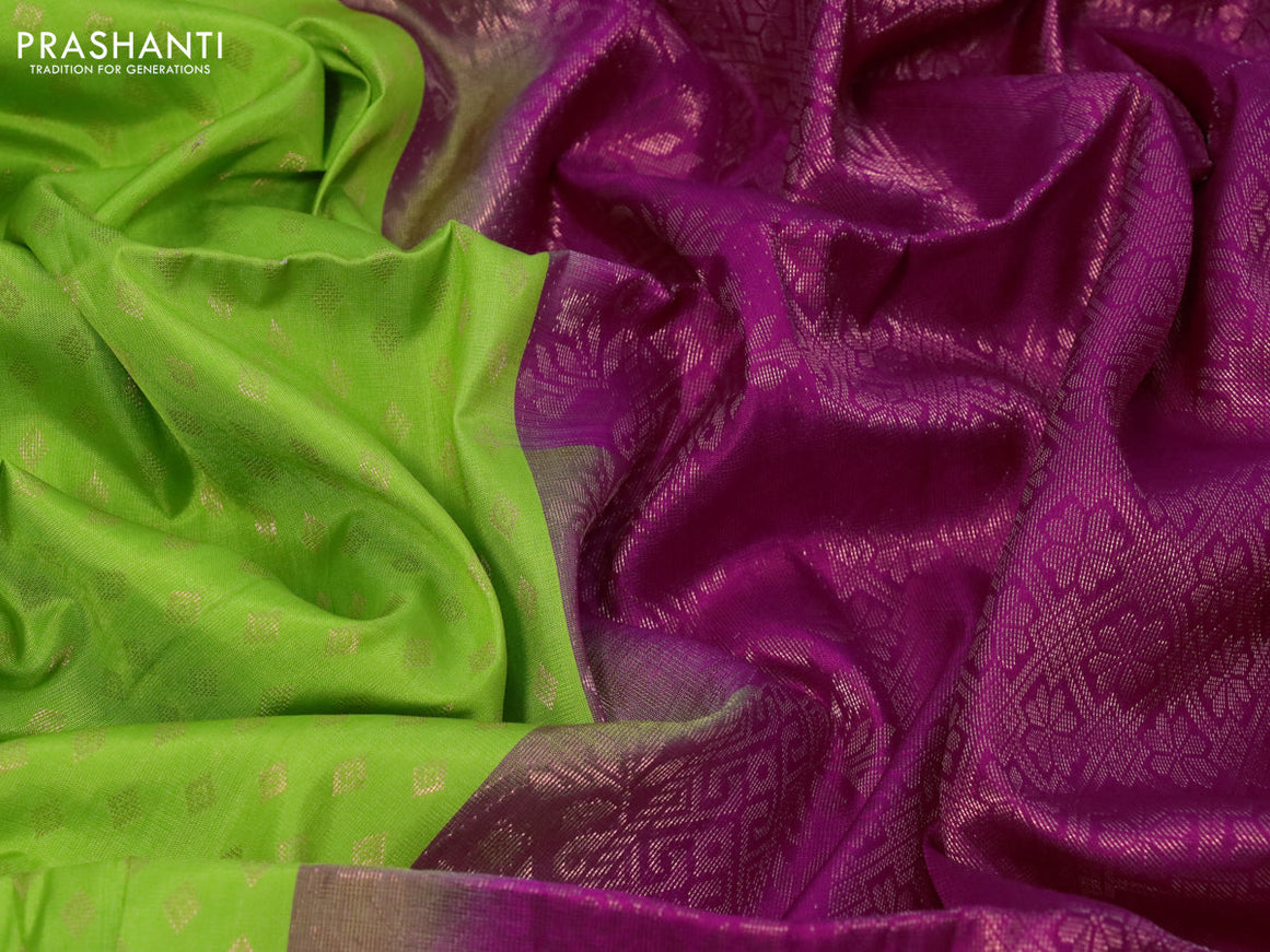 Pure soft silk saree light green and magenta pink with allover copper zari woven butta weaves in borderless style