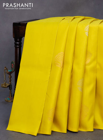 Pure soft silk saree yellow and grey with silver & copper zari woven buttas in borderless style