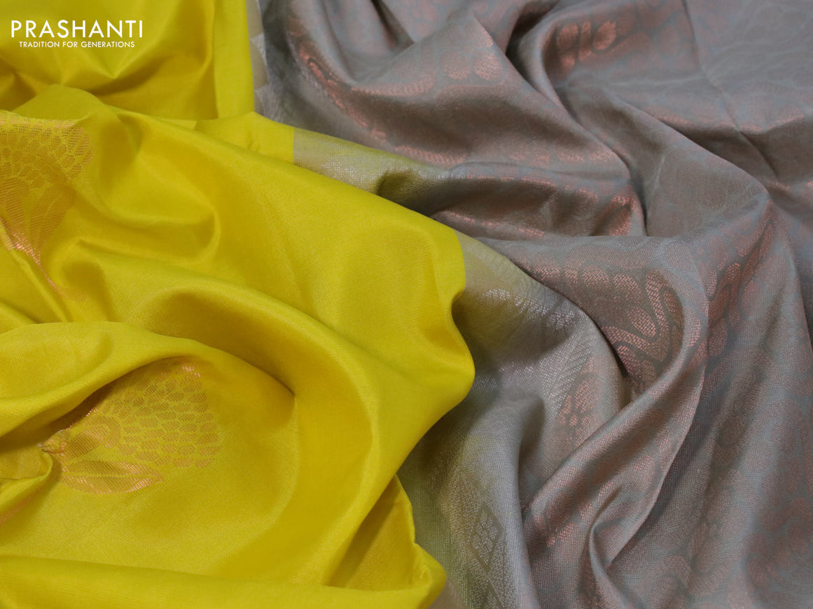 Pure soft silk saree yellow and grey with silver & copper zari woven buttas in borderless style