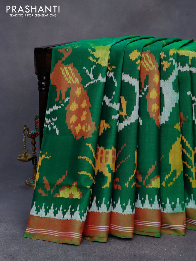 Rajkota potala silk saree green and dual shade of maroon with allover ikat weaves and simple border