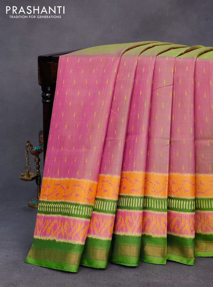 Rajkota potala silk saree dual shade of pink and green with allover ikat butta weaves and long ikat woven zari border