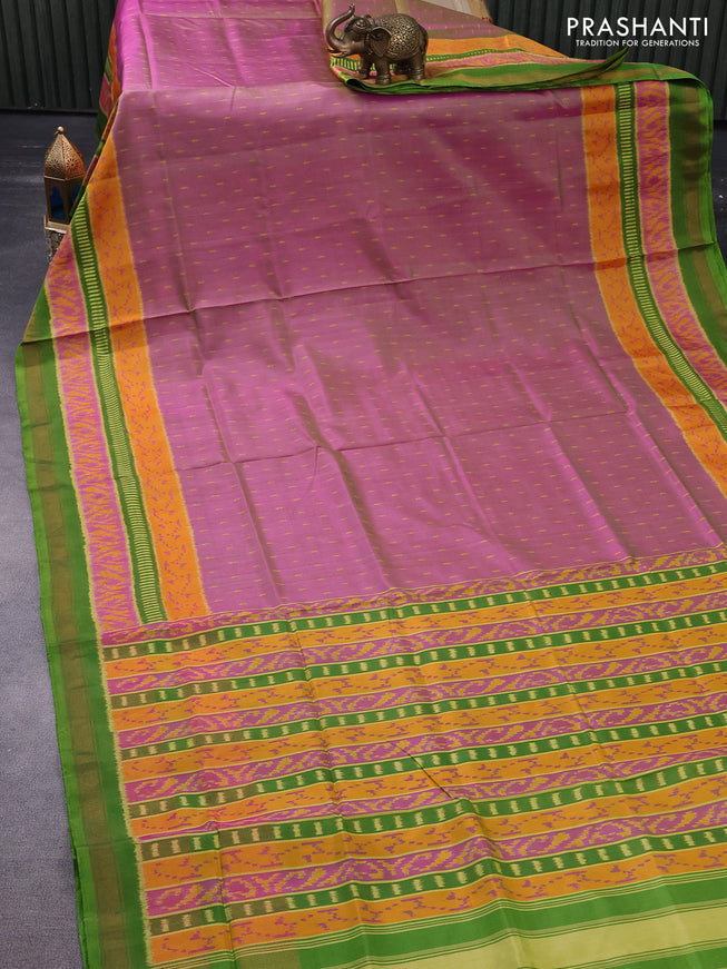 Rajkota potala silk saree dual shade of pink and green with allover ikat butta weaves and long ikat woven zari border