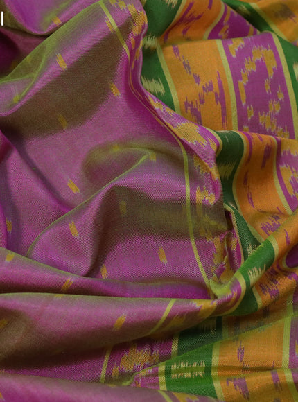 Rajkota potala silk saree dual shade of pink and green with allover ikat butta weaves and long ikat woven zari border