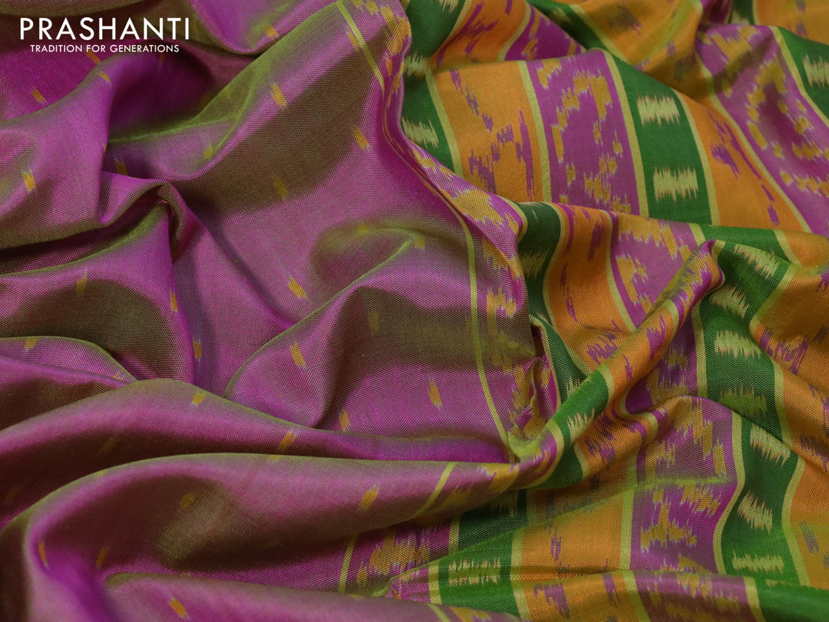 Rajkota potala silk saree dual shade of pink and green with allover ikat butta weaves and long ikat woven zari border