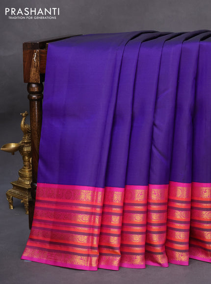 Pure kanchipuram silk saree blue and purple with plain body and zari woven border