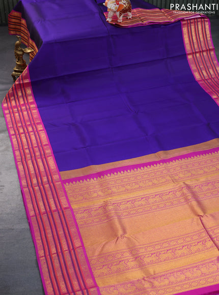 Pure kanchipuram silk saree blue and purple with plain body and zari woven border