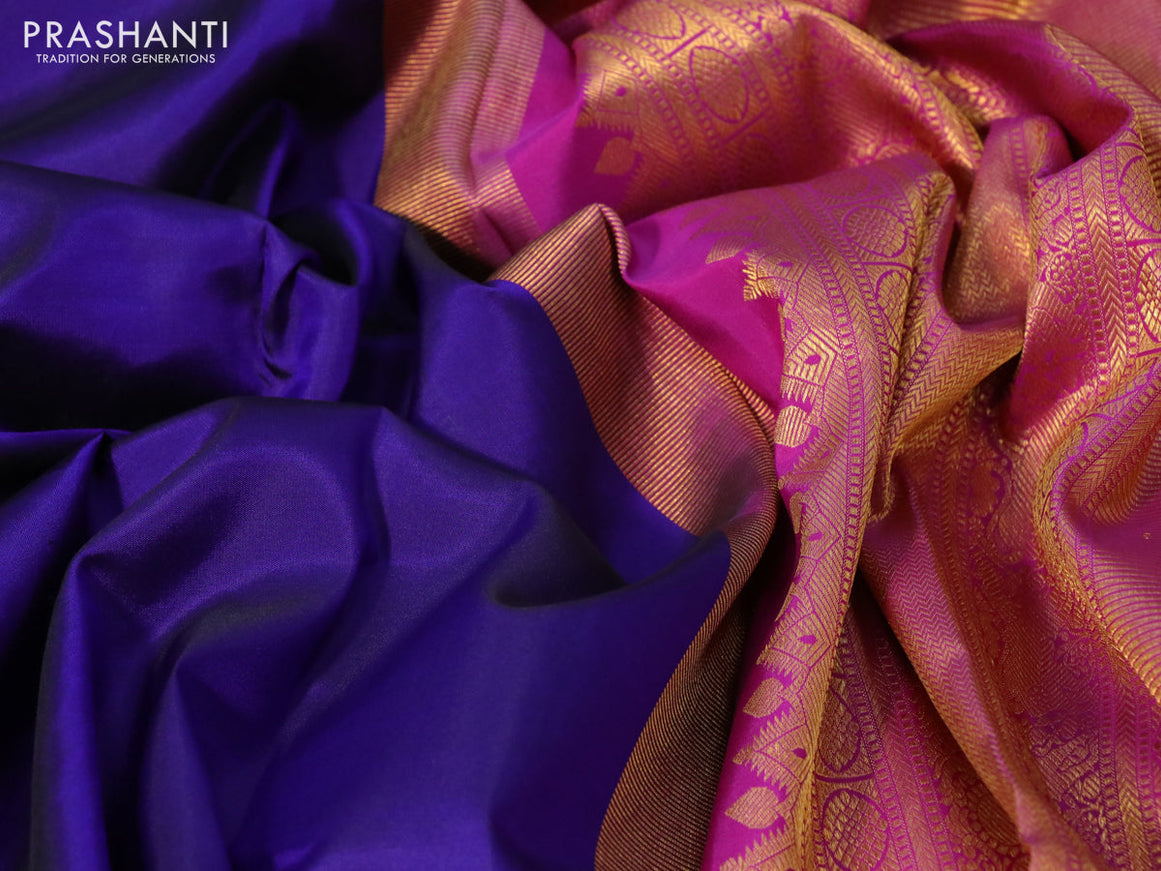 Pure kanchipuram silk saree blue and purple with plain body and zari woven border