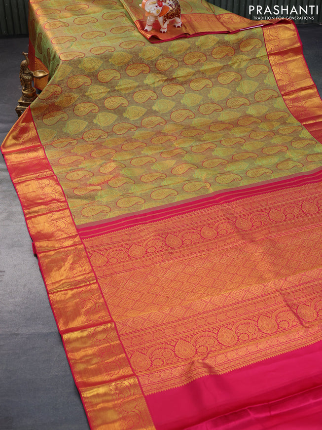 Pure kanchipuram tissue silk saree sdual shade of green and pink with allover paisley zari woven brocade weaves and zari woven border