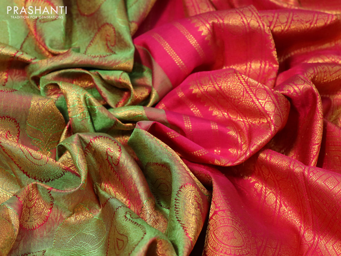 Pure kanchipuram tissue silk saree sdual shade of green and pink with allover paisley zari woven brocade weaves and zari woven border