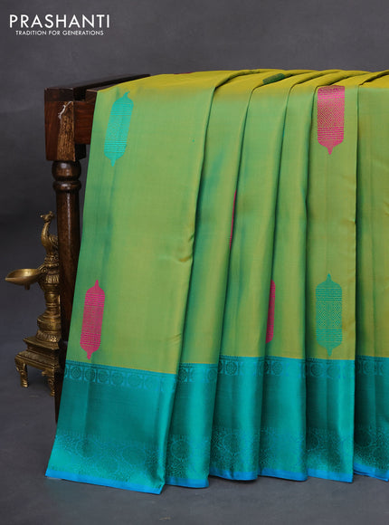 Pure kanchipuram silk saree dual shade of light green and blue with thread woven buttas and thread woven border