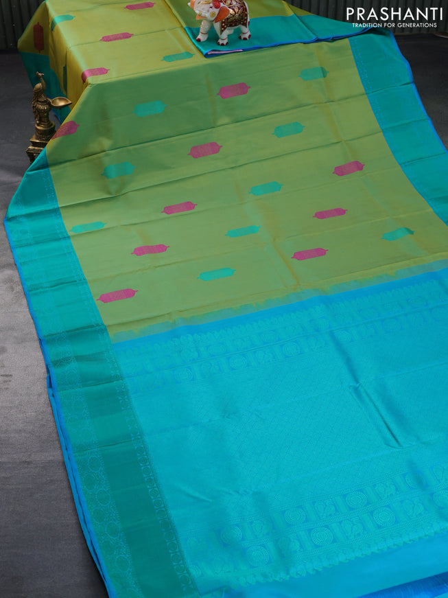 Pure kanchipuram silk saree dual shade of light green and blue with thread woven buttas and thread woven border