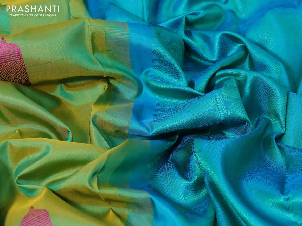 Pure kanchipuram silk saree dual shade of light green and blue with thread woven buttas and thread woven border