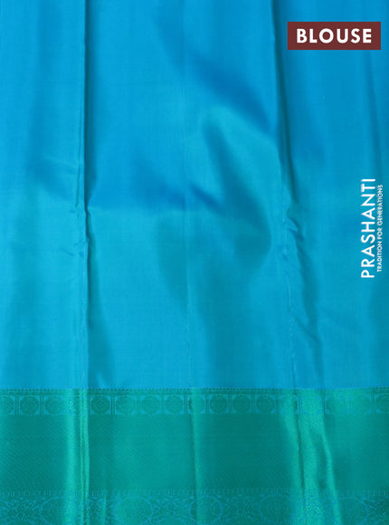 Pure kanchipuram silk saree dual shade of light green and blue with thread woven buttas and thread woven border