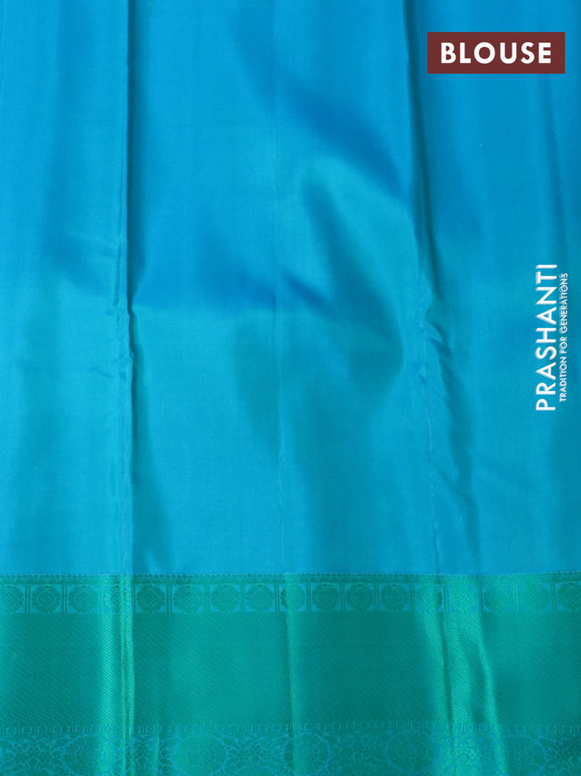 Pure kanchipuram silk saree dual shade of light green and blue with thread woven buttas and thread woven border