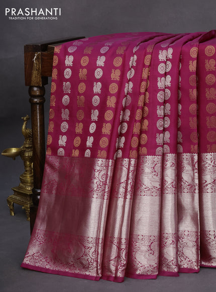 Pure kanchipuram silk saree deep purple with allover copper & silver zari woven buttas and long silver zari woven border