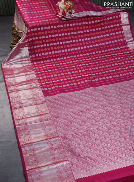 Pure kanchipuram silk saree deep purple with allover copper & silver zari woven buttas and long silver zari woven border